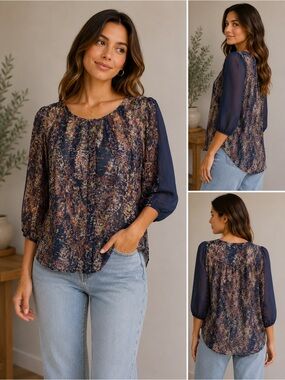 BCBGeneration Blue Print Sheer Blouse Shirt Sz Medium